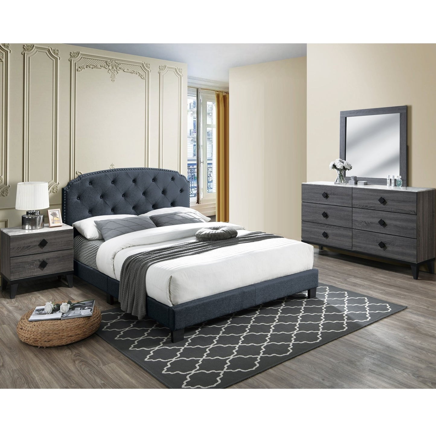Button Tufted Bed With Nailhead Trim