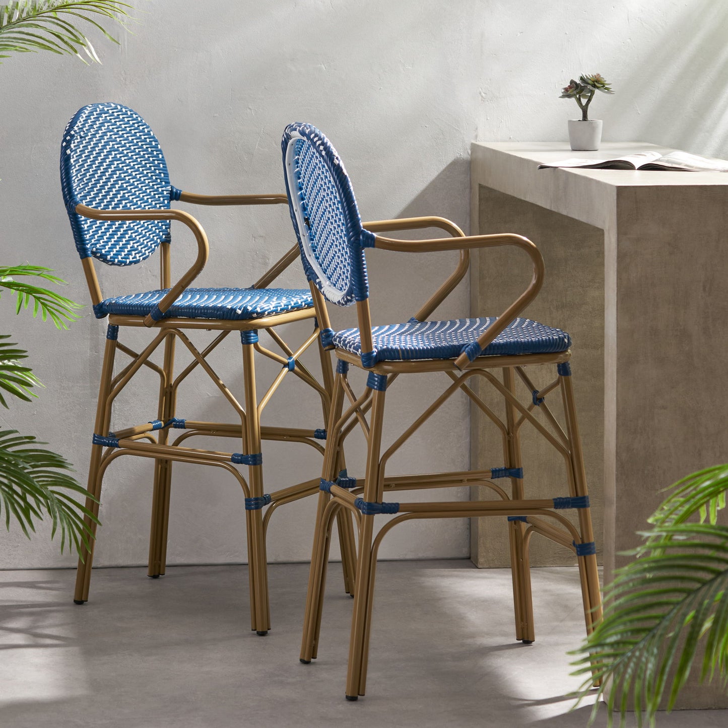 Outdoor Wicker And Aluminum French Barstools (Set of 2)