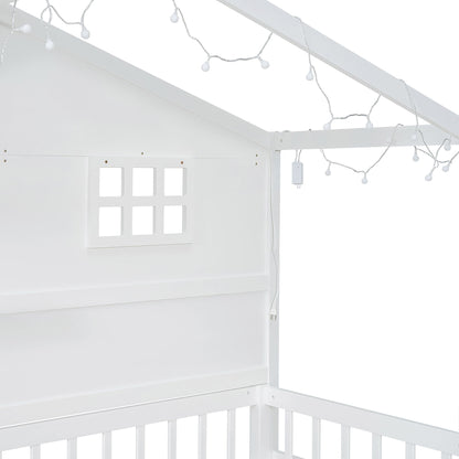 House Bed With Shelves, Window And Sparkling Light Strip On The Roof