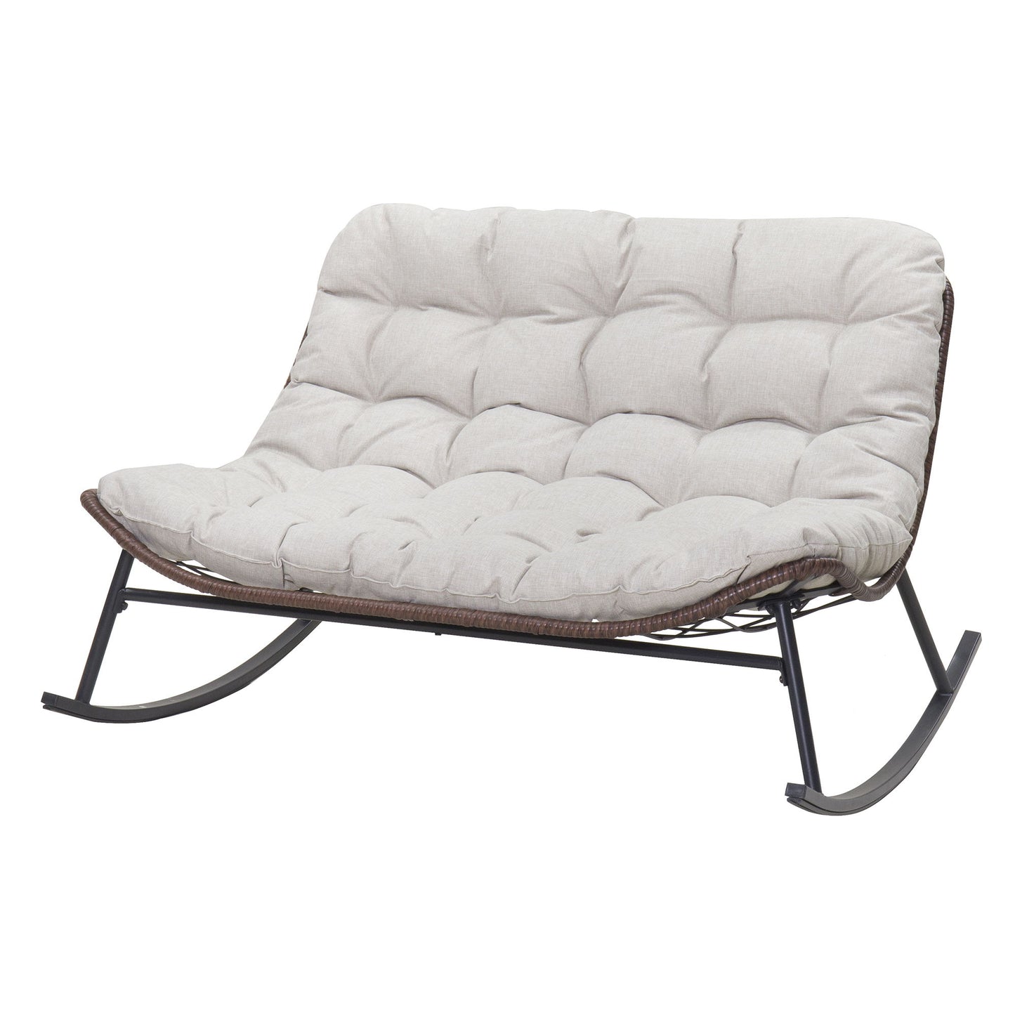 Double Wide Rocking Papasan Chair, 2 Person Outdoor Lounge Seating - Acacia Wood / Beige