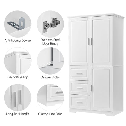 Tall Wide Storage Cabinet With Doors, 3 Drawers