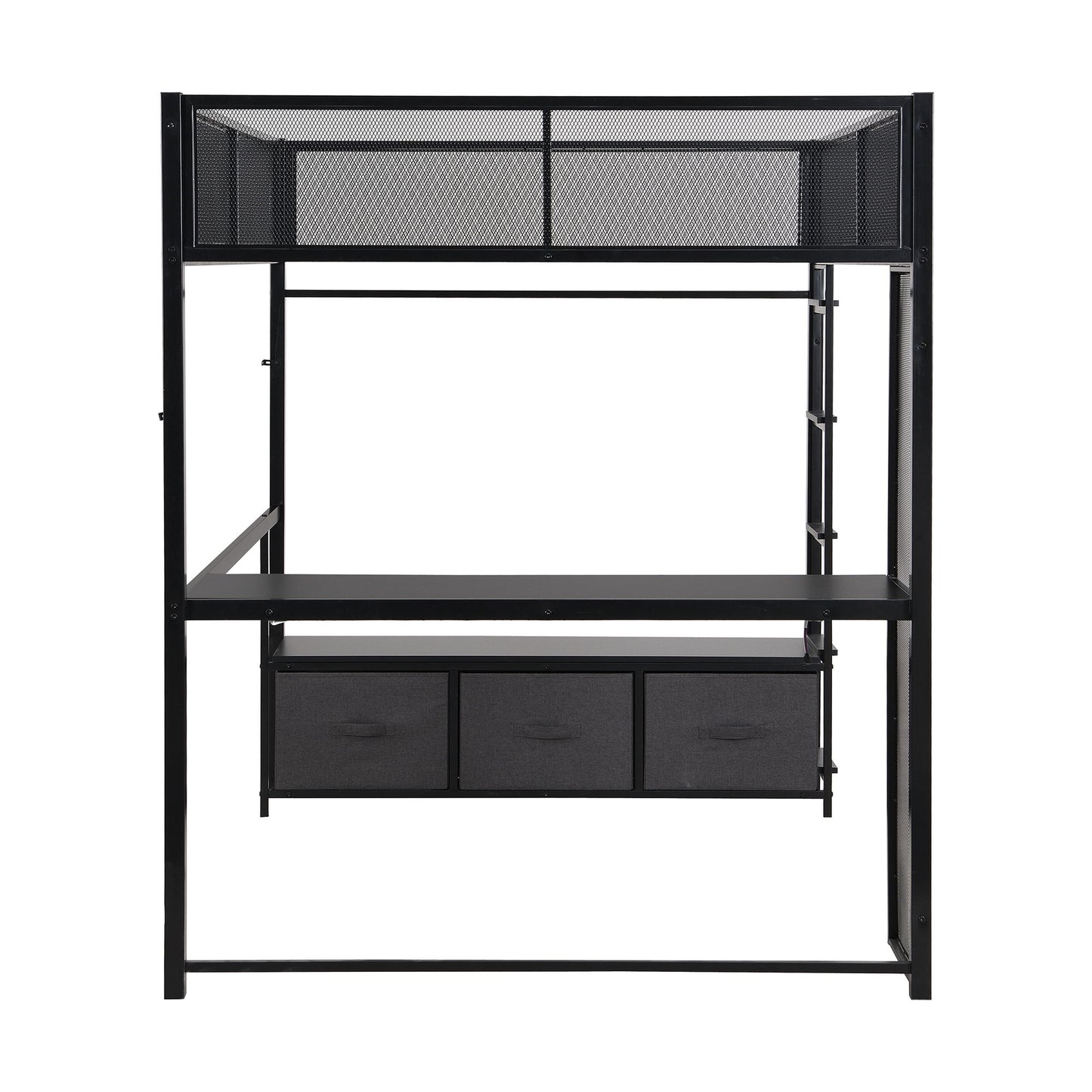 Full Size Gaming Loft Bed With LED Desk, Open Wardrobe, 3 Linen Storage Drawers - Black