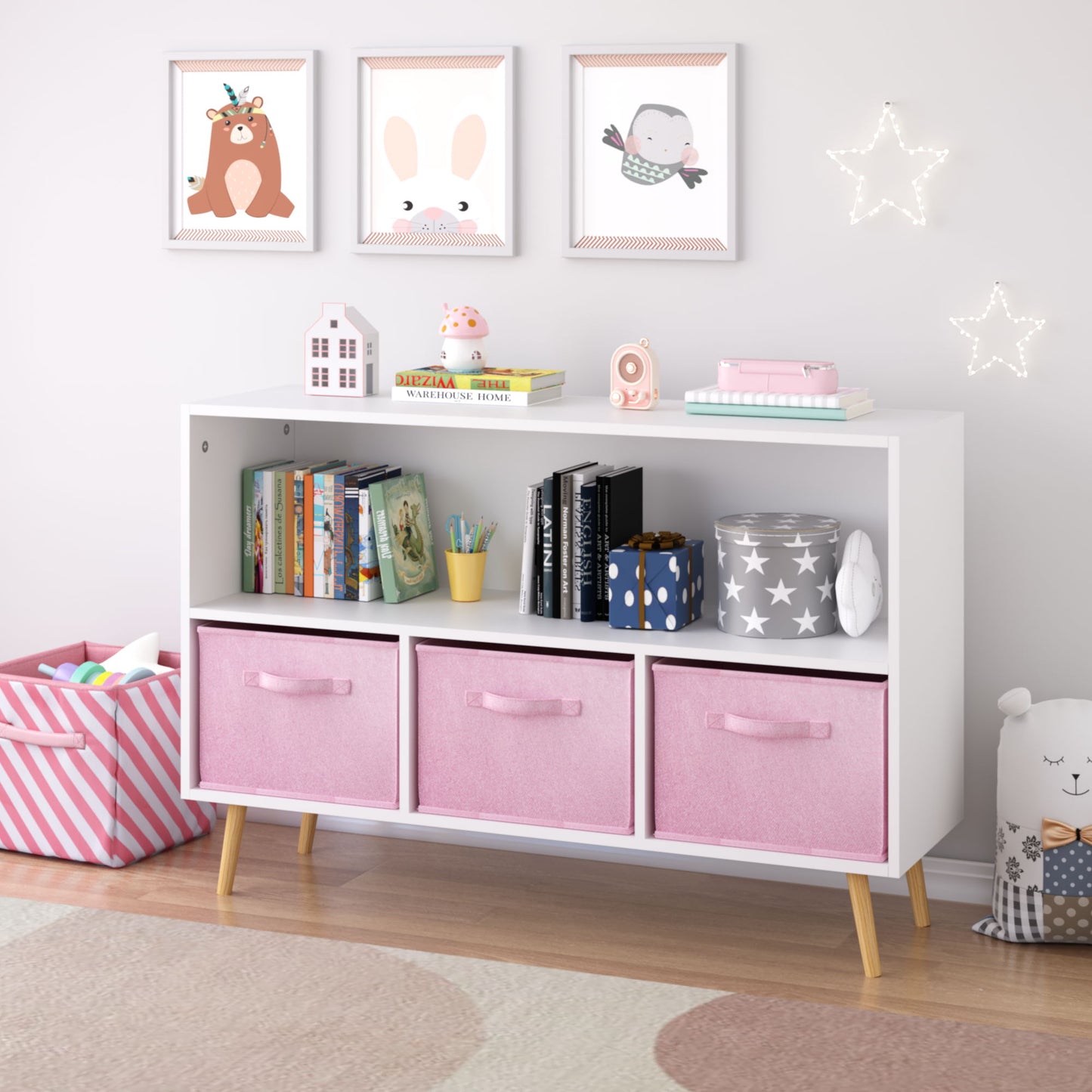 Bookcase With Collapsible Drawers, Book Display Organizer
