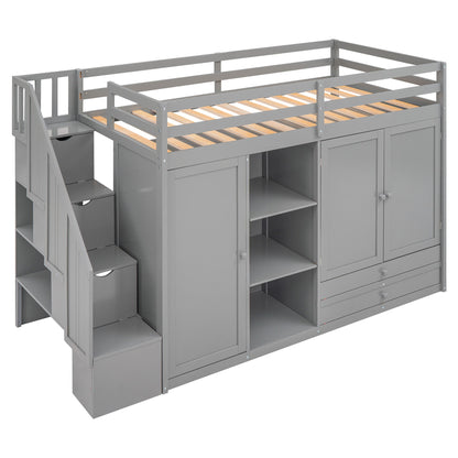 Loft Bed With 3 Shelves, 2 Wardrobes, 2 Drawers, Ladder Storage