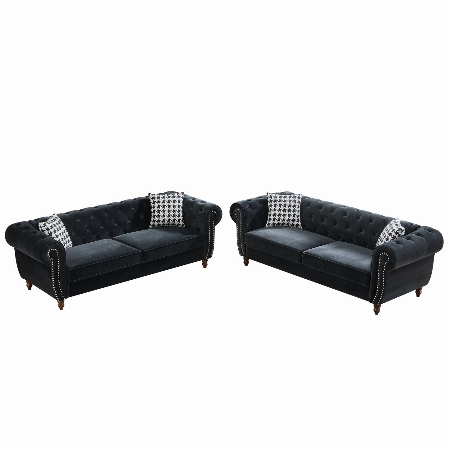 Chesterfield Upholstery Fabric Sofa With Roll Armrest & Nailhead, Mid Century Modern 3 And 3 Seater Couch
