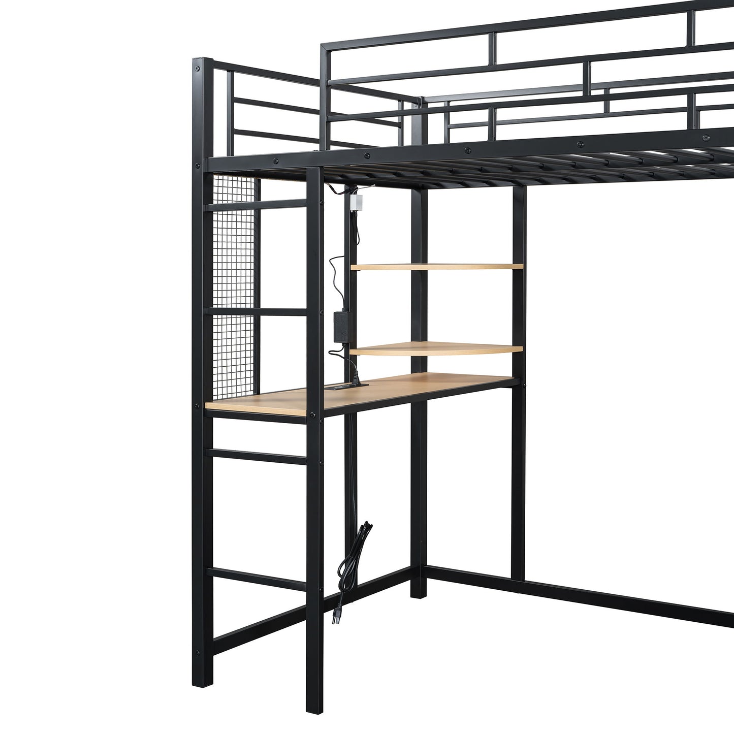 Loft Bed With Desk, Shelves, Power Outlet, LED Light And Wardrobe