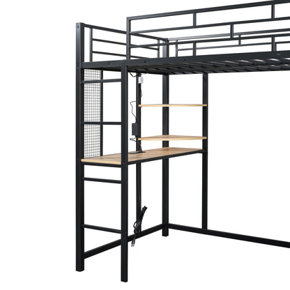 Loft Bed With Desk, Shelves, Power Outlet, LED Light And Wardrobe