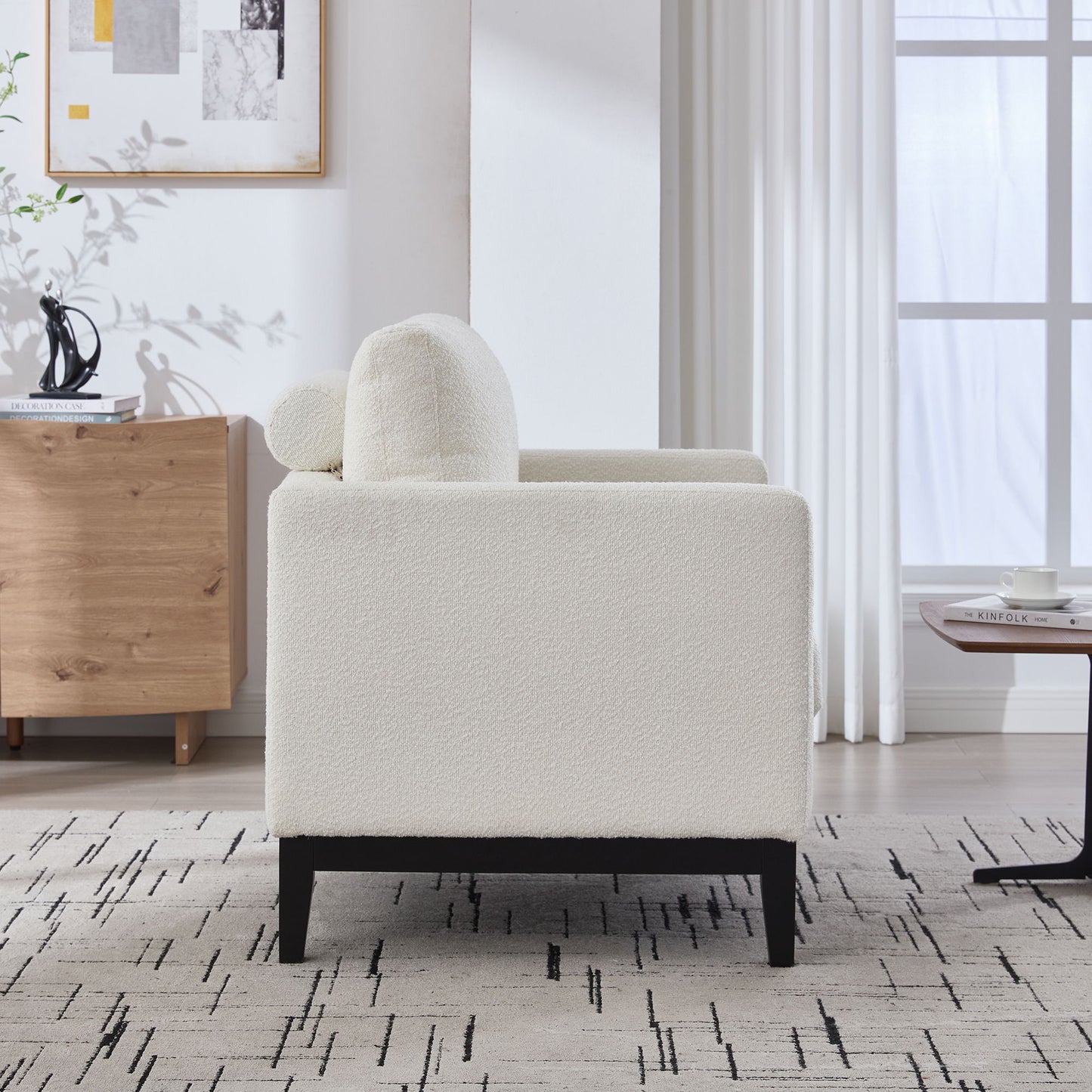 Wide Modern Farmhouse Performance Accent Chair With Legs, Wood Base