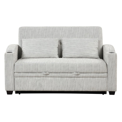 Pull Out Loveseat Sofa With Adjsutable Backrest, 2 Pillows, Cup Holders, USB Ports For Living Room