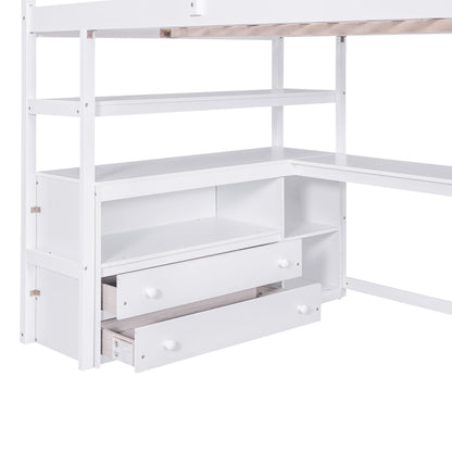 Loft Bed With Desk, Shelves, 2 Drawers, Storage Staircase