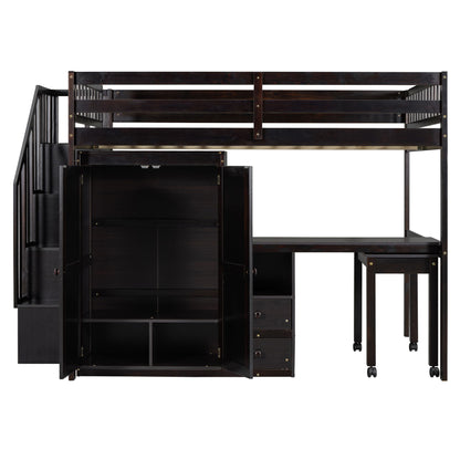Loft Bed With Stairs, Bookshelf, Drawers, Desk & Wardrobe, Space Saving Multifunctional Furniture