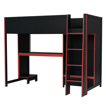 Gaming Loft Bed With Built In Desk, Wardrobe, LED Lighting And Drawer