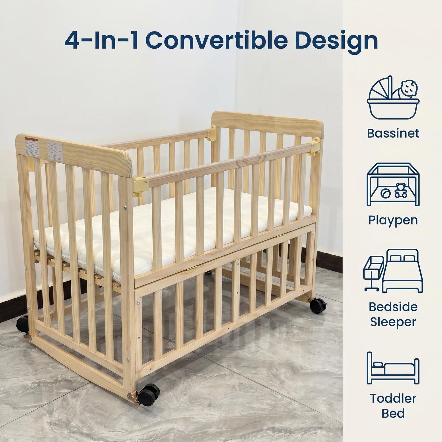 Portable Bedside Bassinet With 3 Adjustable Heights, Mini Crib For Newborns - Natural Wood