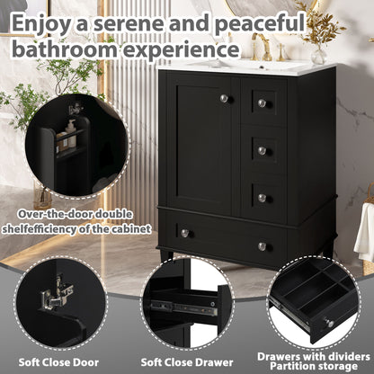 Bathroom Vanity With Integrated Basin, Soft Close Drawers, Door Mounted Double Layer Shelf