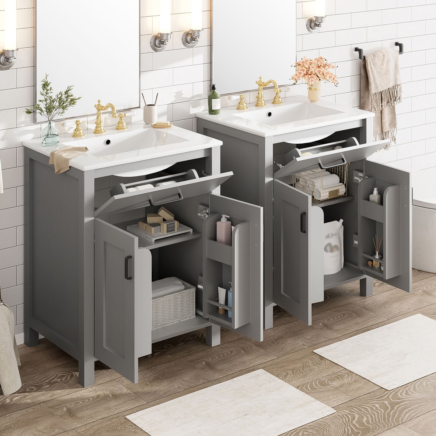 Bathroom Vanity With Ceramic Sink, Soft Close Doors, Flip Drawer, Double Layer Door Shelves