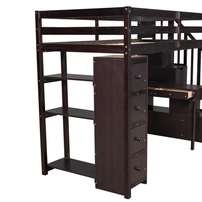 Loft Bed With Storage Drawers, Desk And Stairs With Shelves