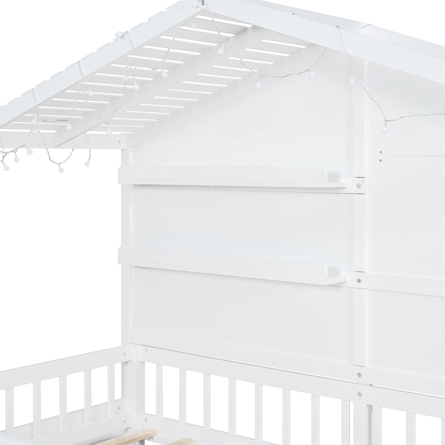 House Bed With Shelves, Window And Sparkling Light Strip On The Roof