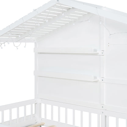 House Bed With Shelves, Window And Sparkling Light Strip On The Roof