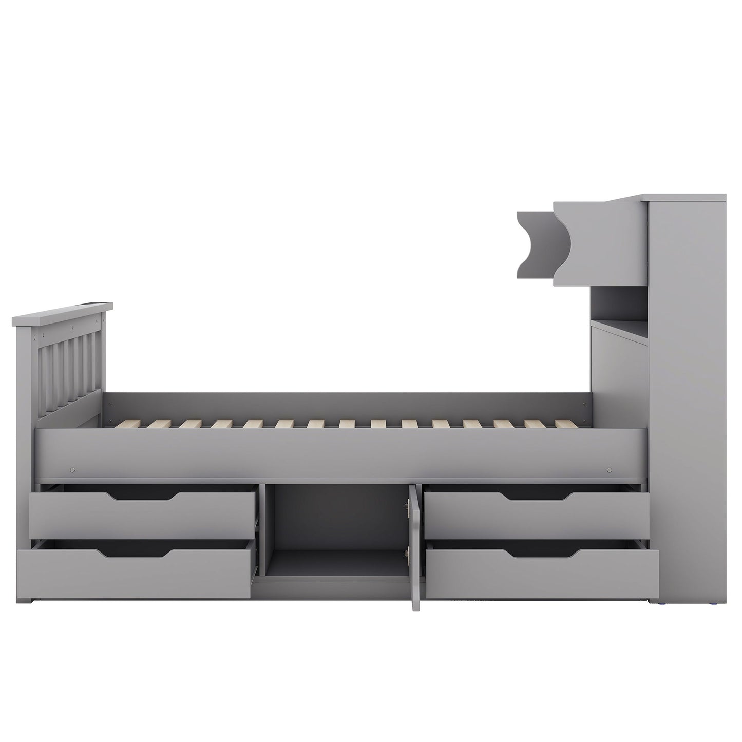 Captain Platform Bed Frame With Storage Bookcases, Shelves, And 4 Drawers