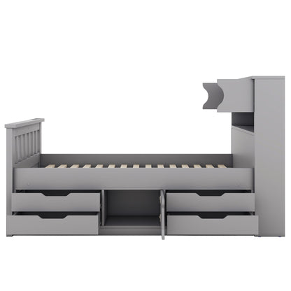 Captain Platform Bed Frame With Storage Bookcases, Shelves, And 4 Drawers