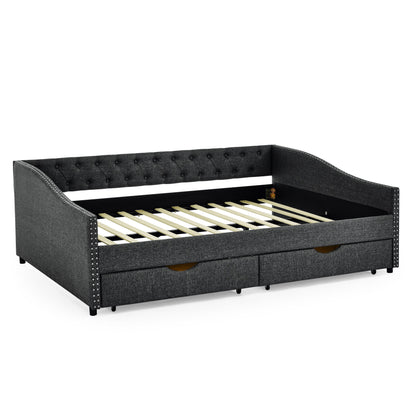 Upholstered Tufted Daybed With 2 Drawers, Waved Arms