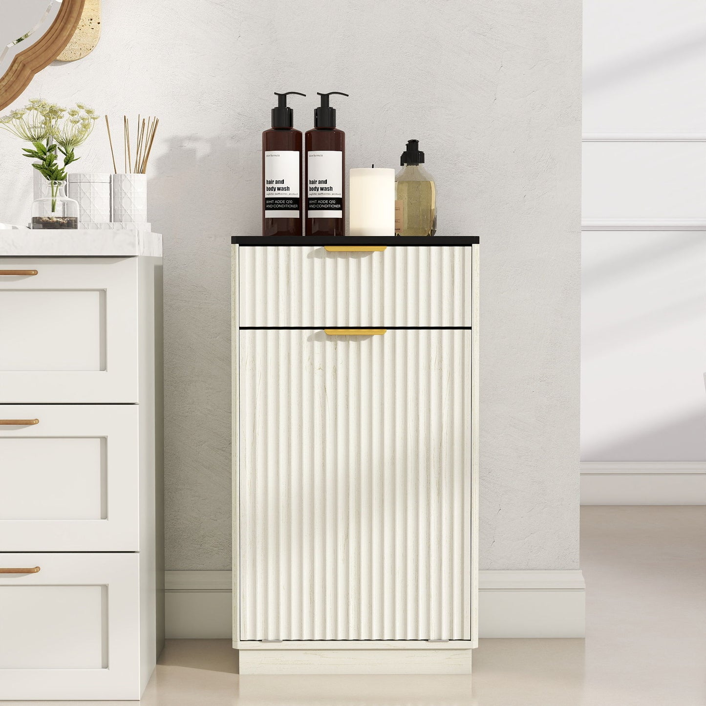 Tilt Out Trash Can Cabinet With Wave Textured Drawer & Pull Out Bin