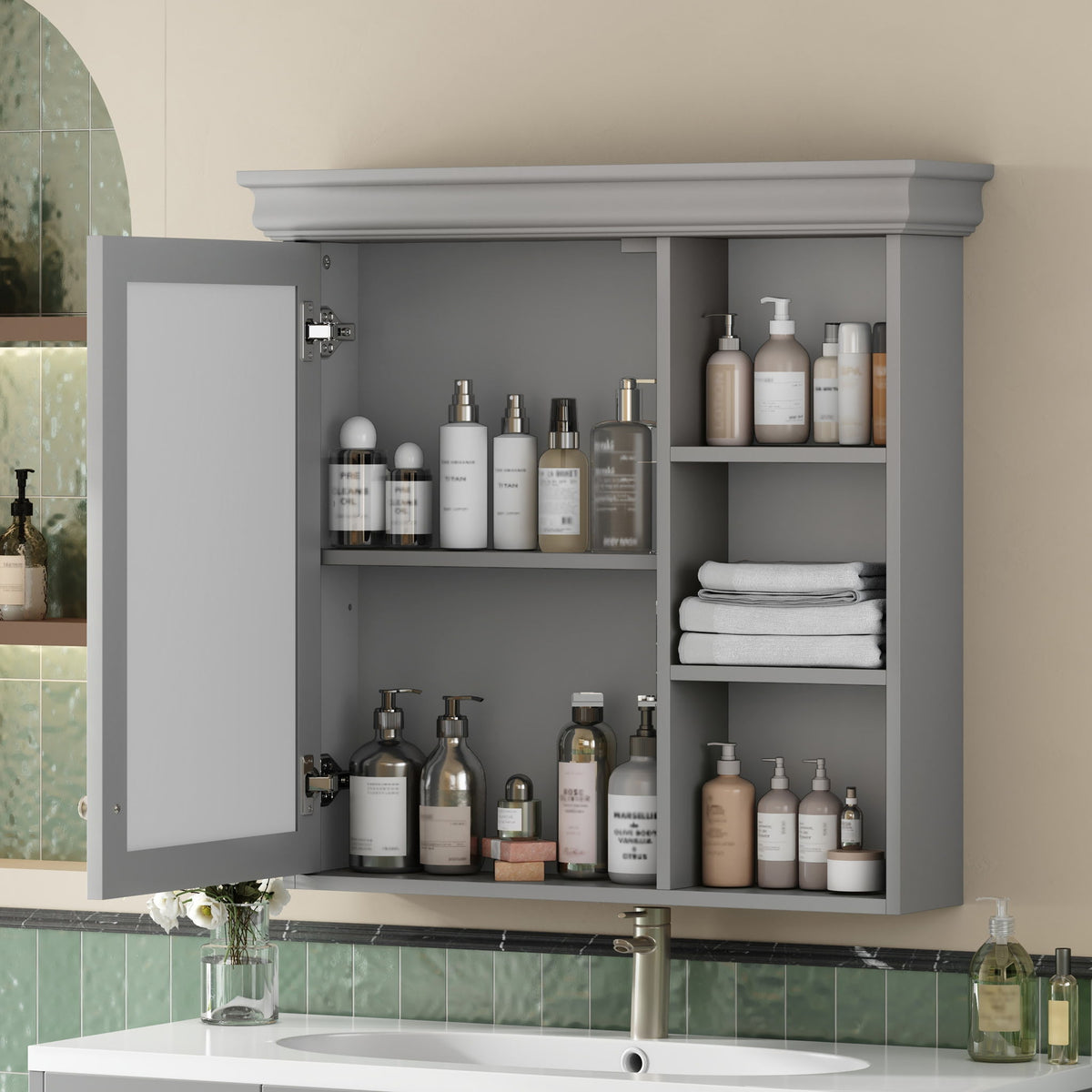 Wall Mounted Bathroom Medicine Cabinet With Mirror And Adjustable Storage With Soft Close Hinges