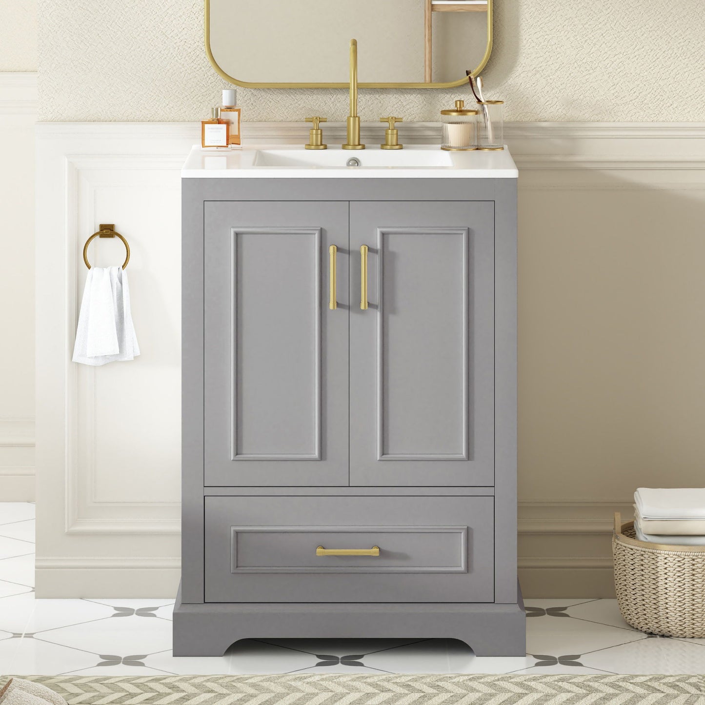 Bathroom Vanity With Sink, 1 Divided Drawer And 2 Soft Close Doors With Double Shelf