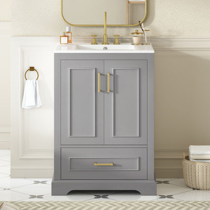 Bathroom Vanity With Sink, 1 Divided Drawer And 2 Soft Close Doors With Double Shelf