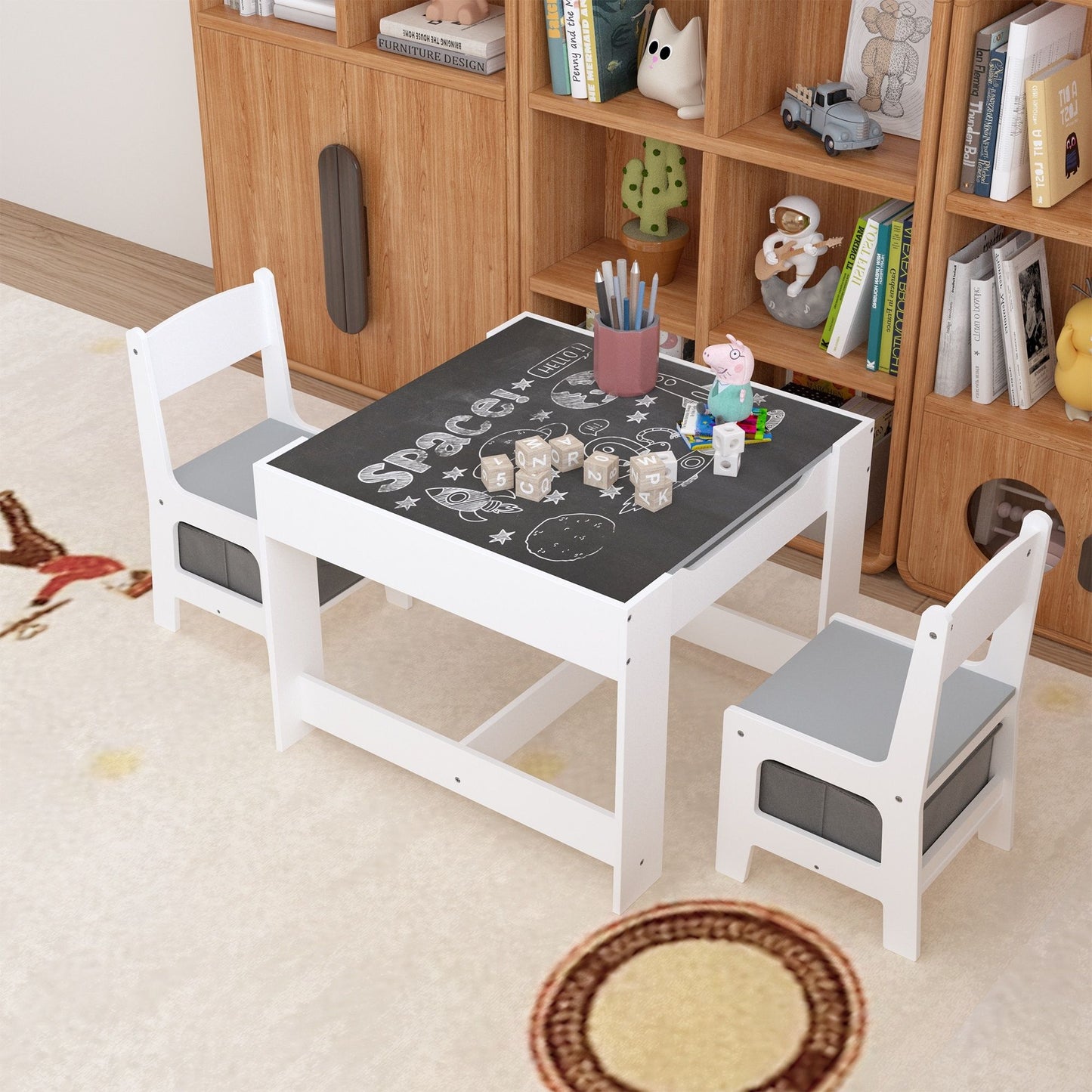 Kids Table And Chair Set, 3 In 1 Activity Table With Storage Drawer For Toddlers Drawing, Reading, Crafts, 2 In 1 Detachable Top - White