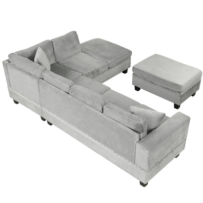Modern Sectional Sofa With Storage Ottoman, L - Shape Couch With 2 Pillows And Cup Holders