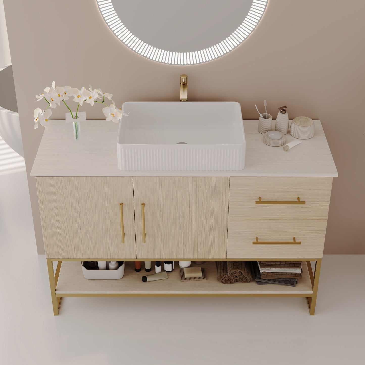 Bathroom Vanity With Vessel Sink Accent Free Standing Cabinet - Ameican White Oak / Gold / White