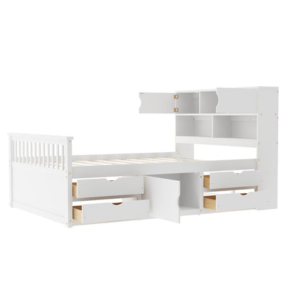 Captain Platform Bed Frame With Bookcase Headboard, 4 Drawers, Storage Shelves