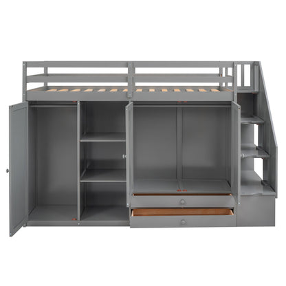 Loft Bed With 3 Shelves, 2 Wardrobes, 2 Drawers, Ladder Storage