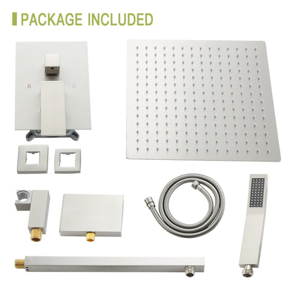 Square Shower System With Waterfall Tub Spout And Rough In Valve, Wall Mounted
