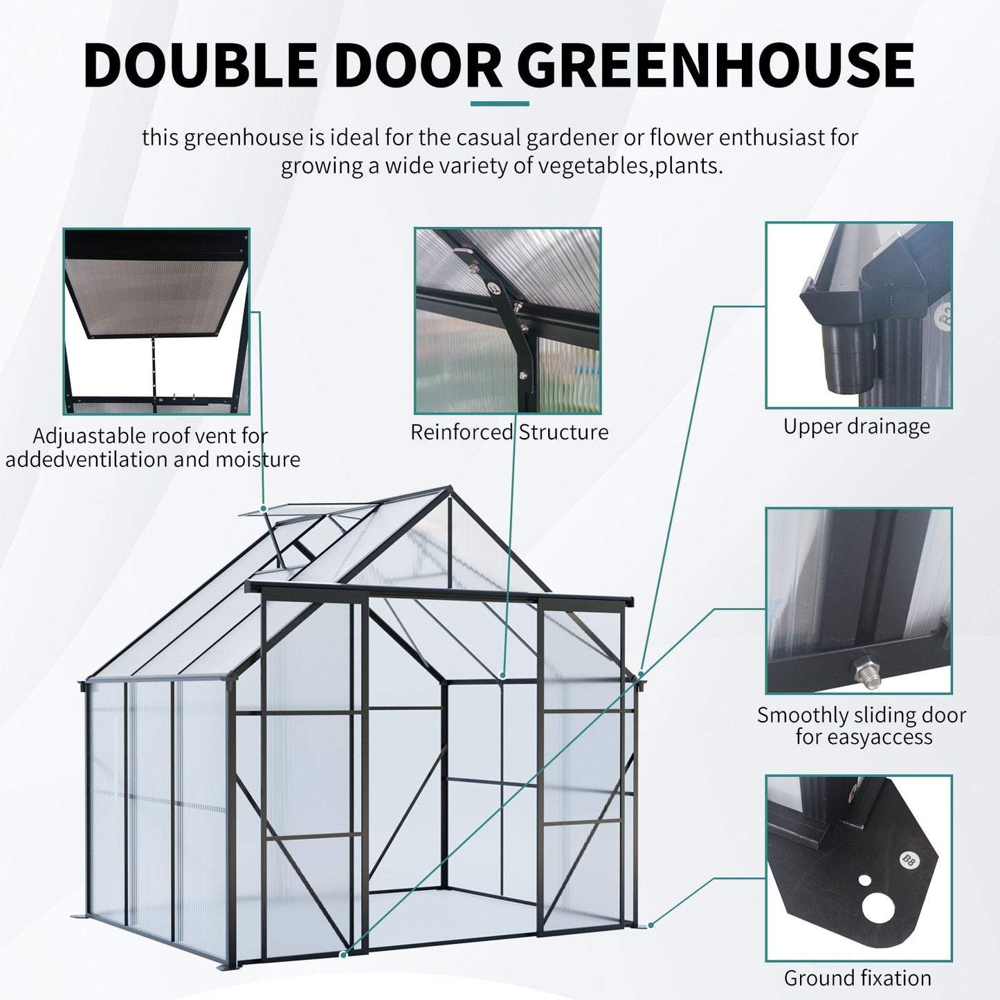 Double Door Polycarbonate house Raised Base And Anchor Aluminum Heavy Duty Walk In houses For Outdoor Backyard In All Season