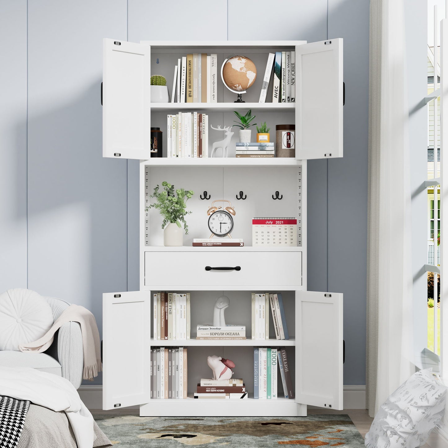 Kitchen Pantry Cabinet With Adjustable Shelves, Drawers, Hooks And Large Countertop - White