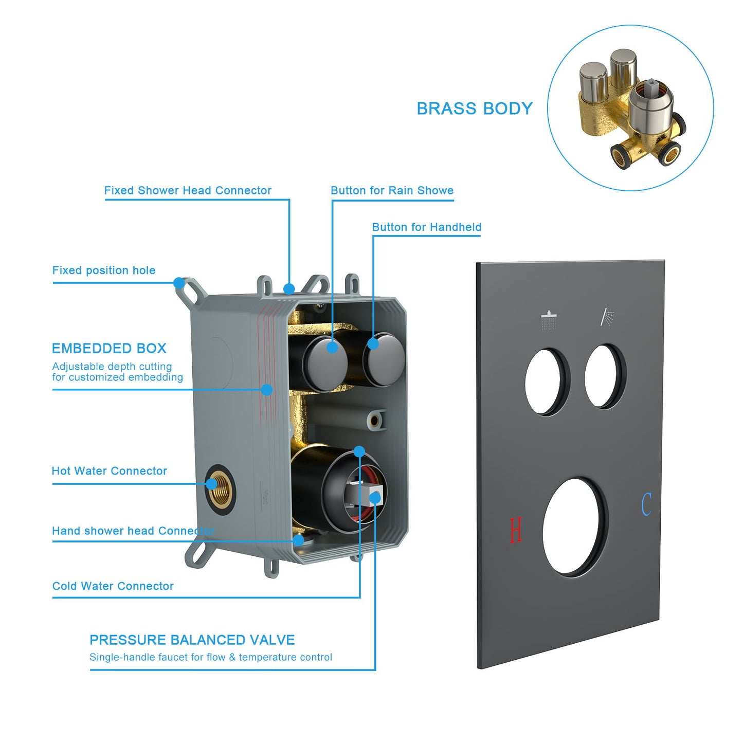 Dual Shower Head System With Square Rain Shower And Rough In Valve