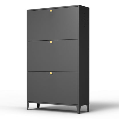 3 Drawer All Steel Shoe Cabinet, Freestanding Storage Organizer With Flip Door
