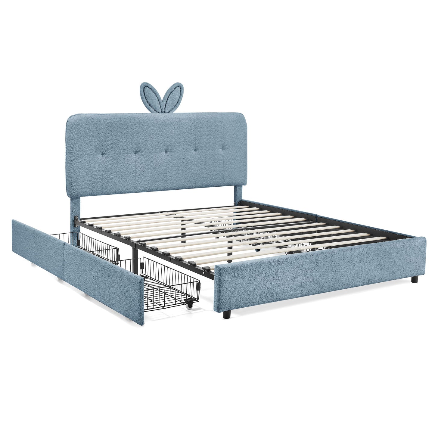 Upholstered Bed With Oversized Rabbit Ear Headboard, LED Lights & 4 Storage Drawers