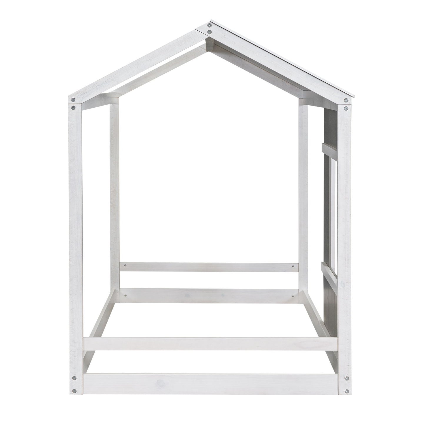 Twin Size House Platform Bed With Roof And Window - Natural / White