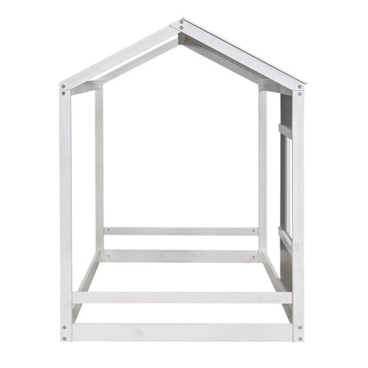 Twin Size House Platform Bed With Roof And Window - Natural / White