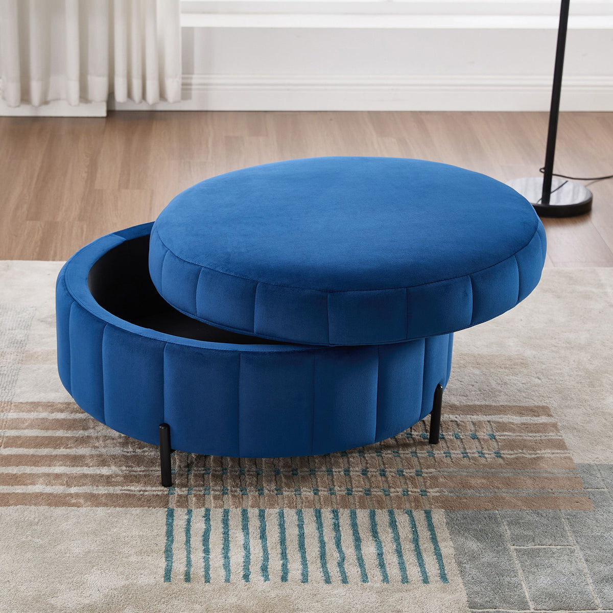 Upholstered Round Ottoman With Reversible Lid, Channel Tufted Pumpkin Shape