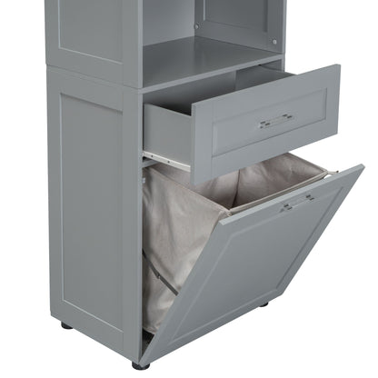Tall Bathroom Cabinet With Tilt-Out Laundry Basket And Upper Storage