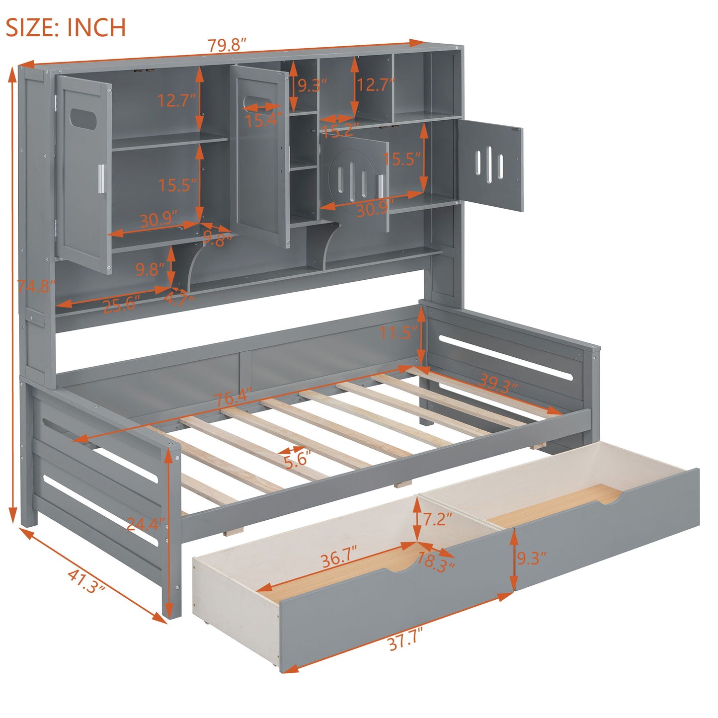 Daybed With All-In-One Cabinet And Shelf