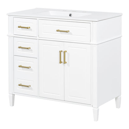 Bathroom Vanity With Sink, 4 Drawers (1 Flip Drawer), 2 Doors & Adjustable Shelf - White