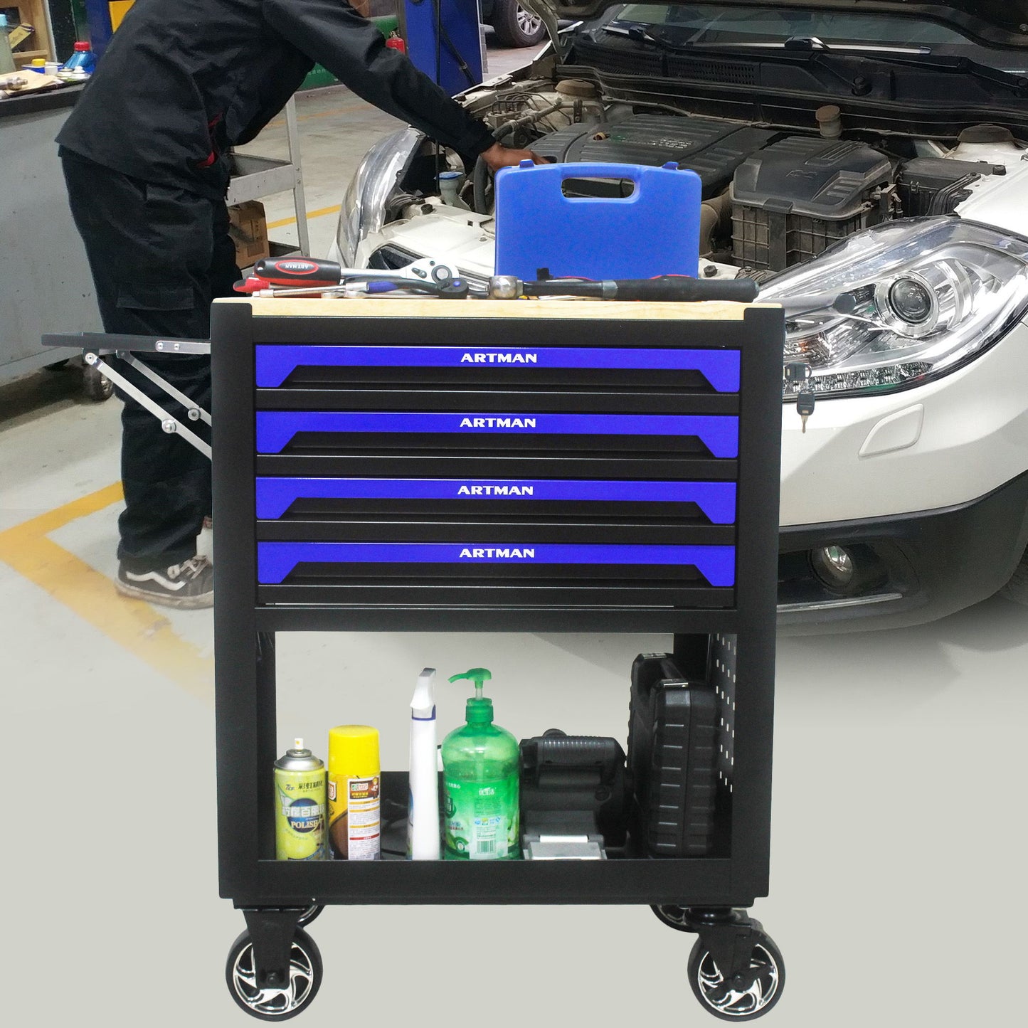 4 Drawers Multifunctional Tool Cart With Wheels And Wooden Top