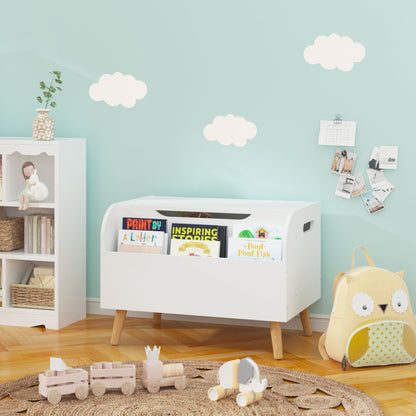 Toy Box With Front Bookshelf, Flip Top Lid, Safety Hinge For Kids Room Organization - White