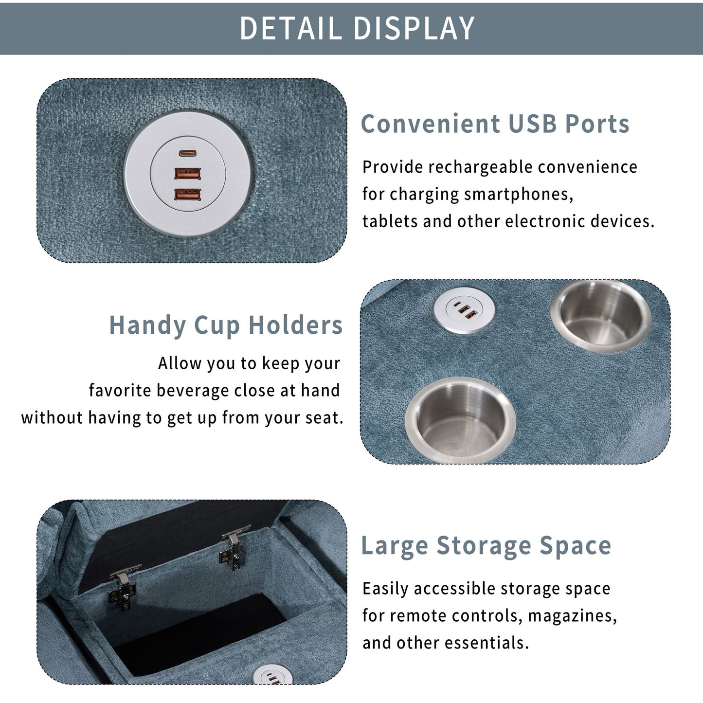 Modern Sectional Sofa With Removable Ottomans, USB Ports