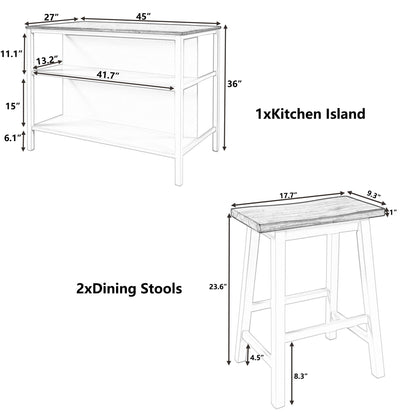 Rustic 3 Piece Stationary Kitchen Island Set With 2 Seatings, With 2 Open Shelves